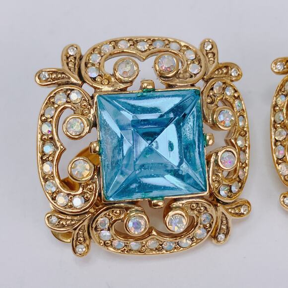 Vintage Signed Joan Rivers Gold Tone Aqua Glass AB Filigree Clip-On Earrings - Picture 13 of 13